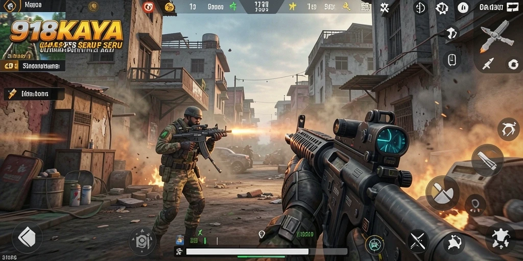 Screenshot tampilan gameplay 918KAYA dengan aksi tembak-menembak yang mendebarkan.