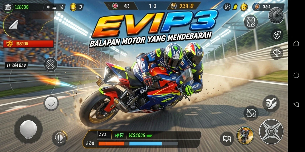 Gameplay seru EVIP3 dengan aksi balapan motor yang cepat.