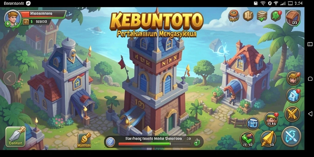 Tampilan gameplay KEBUNTOTO dengan menara yang berjaga dan musuh mendekat.