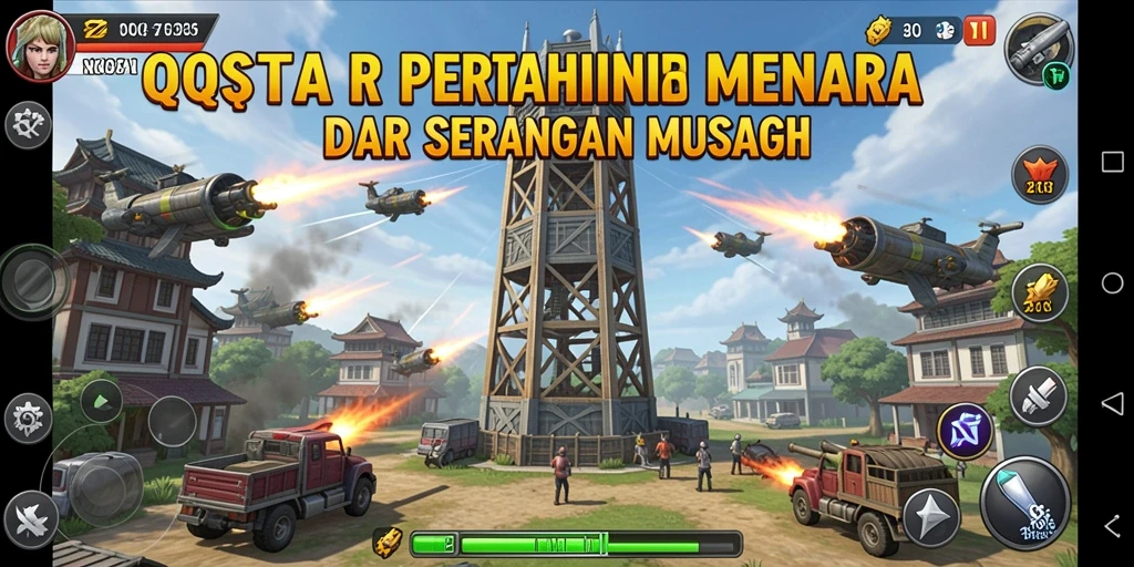 Screenshot gameplay QQSTAR yang menampilkan pertempuran Tower Defense yang seru.