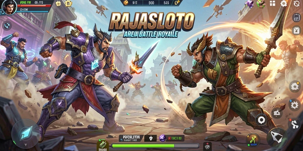 Tangkapan layar gameplay RAJASLOTO menunjukkan aksi menegangkan di arena Battle Royale.