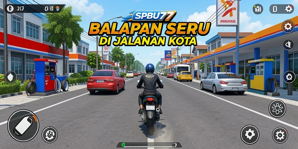 Screenshot utama SPBU77 menampilkan aksi balapan seru di jalanan kota.
