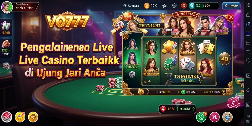Tangkapan layar VO777 menampilkan dealer dan permainan Live Casino yang mendebarkan.